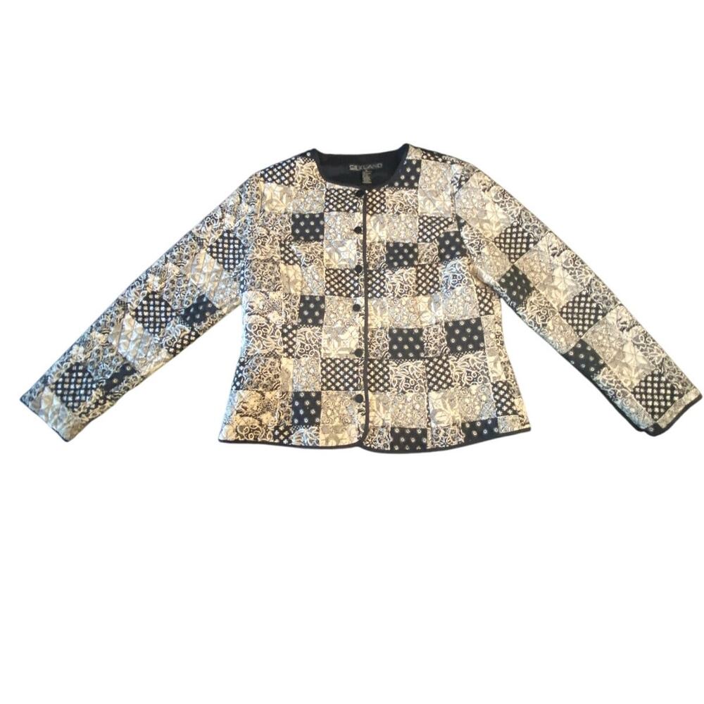 Vintage Silkland Quilted Patchwork Jacket Black Cream Floral Geometric XL